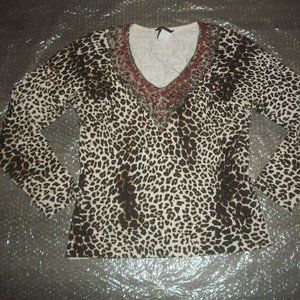 womens leopard print sweater.beaded neck.size small